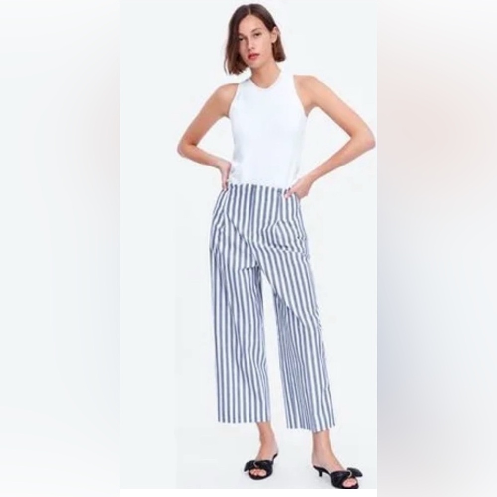 Zara Navy and White Striped Wide Leg Pants